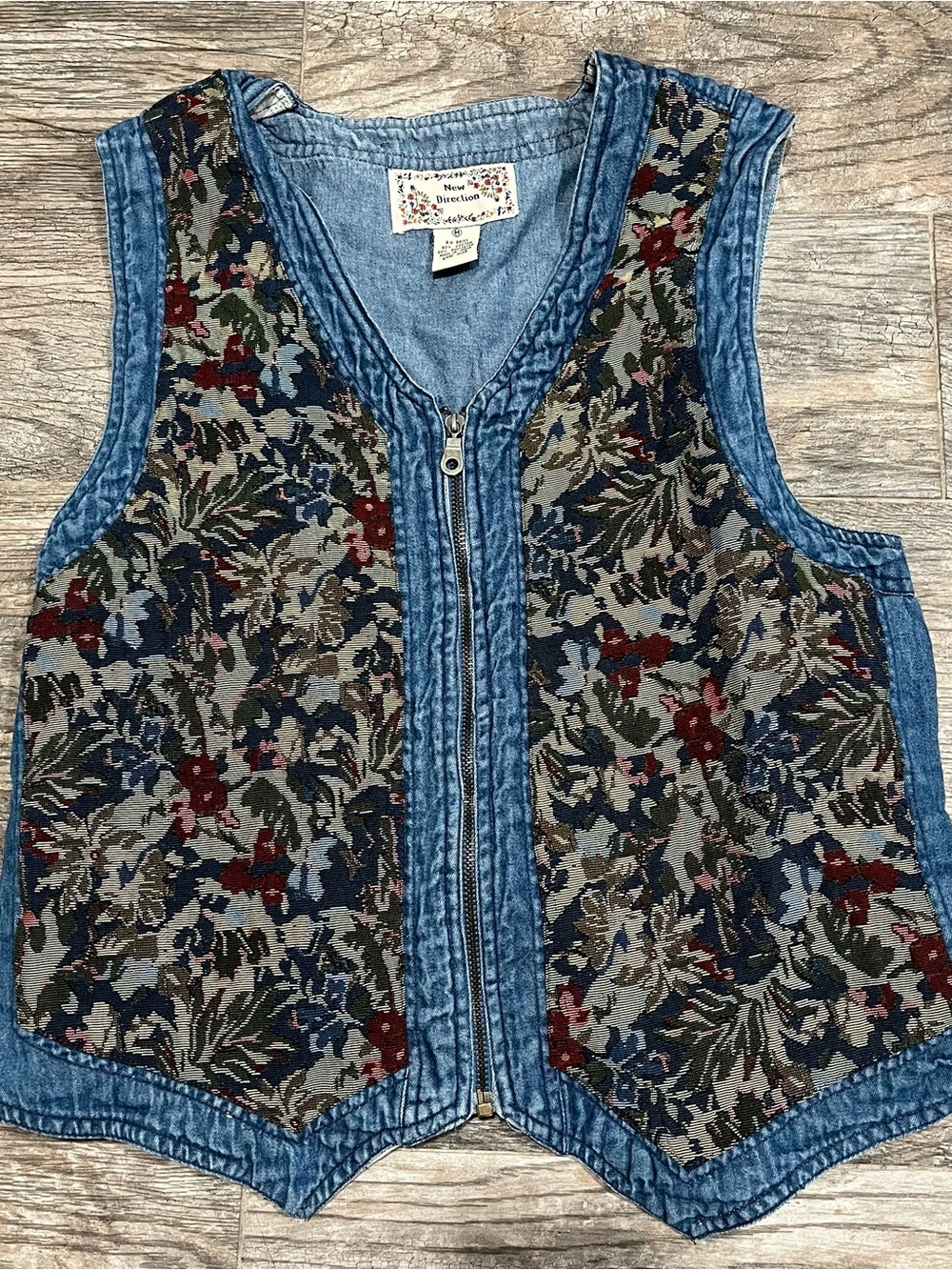 Vintage Denim Floral Tapestry Zip Vest